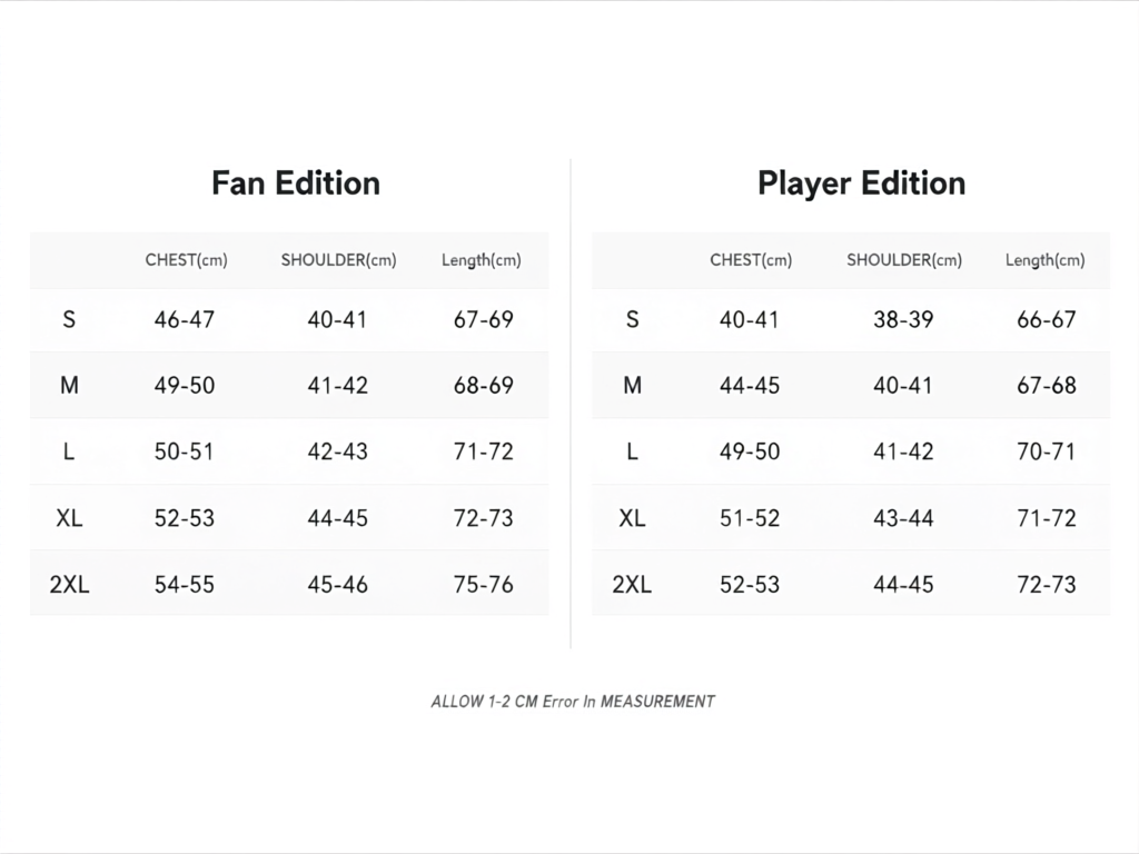 Size chart with Fan Edition and Player Edition measurements. Measurements may vary by 1–2 cm.
